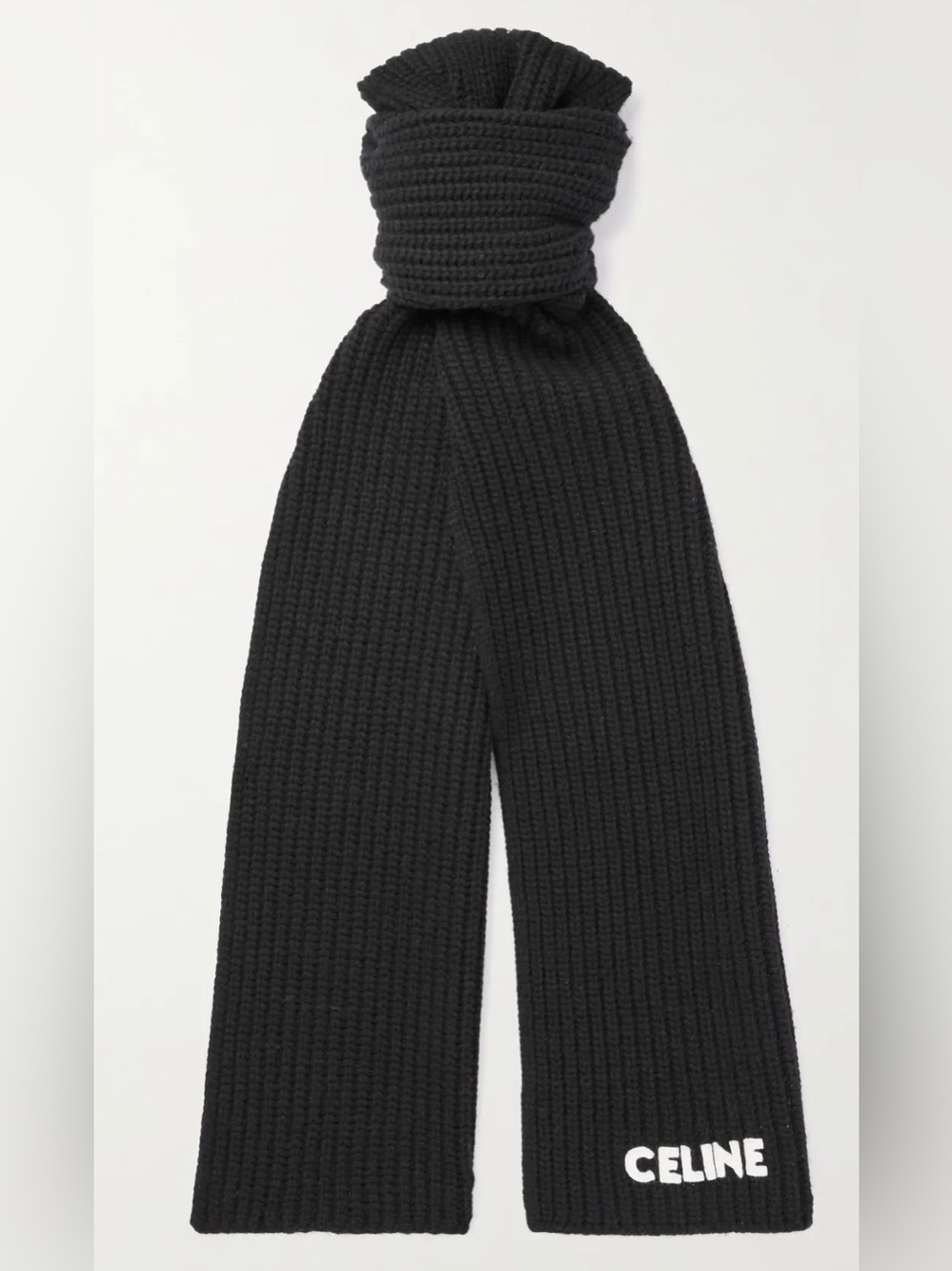 Celine Black Ribbed Scarf with White Appliqué Logo